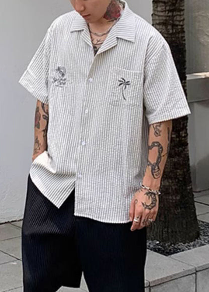 New Striped Print Pockets Cotton Shirt Summer