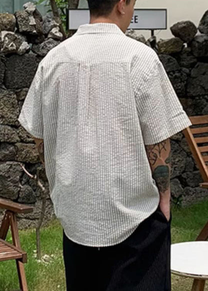 New Striped Print Pockets Cotton Shirt Summer
