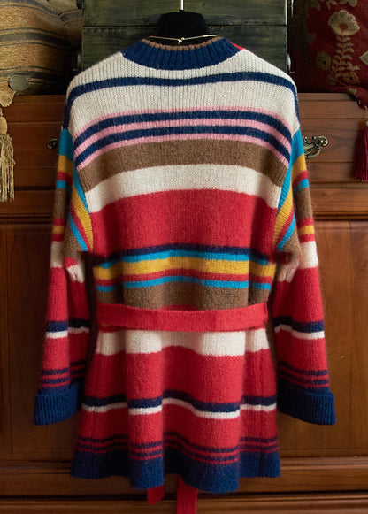 New Striped Tie Waist Pockets Patchwork Knit Cardigan Fall