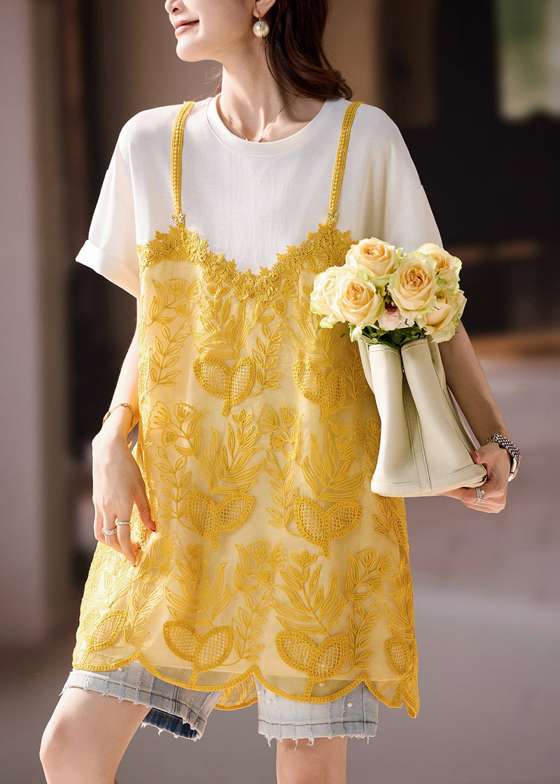 New Style White Organza Patchwork Embroidered T-shirt Summer