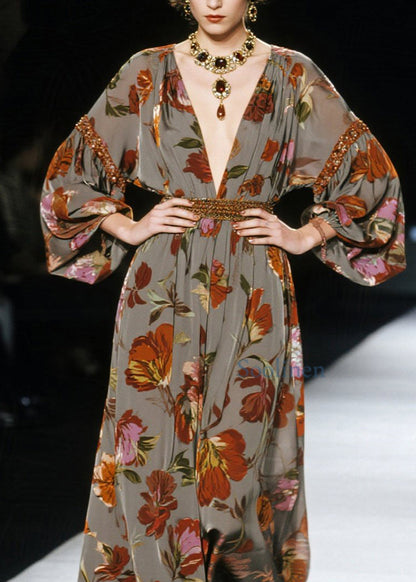 New V Neck Print Cotton Long Dress Spring