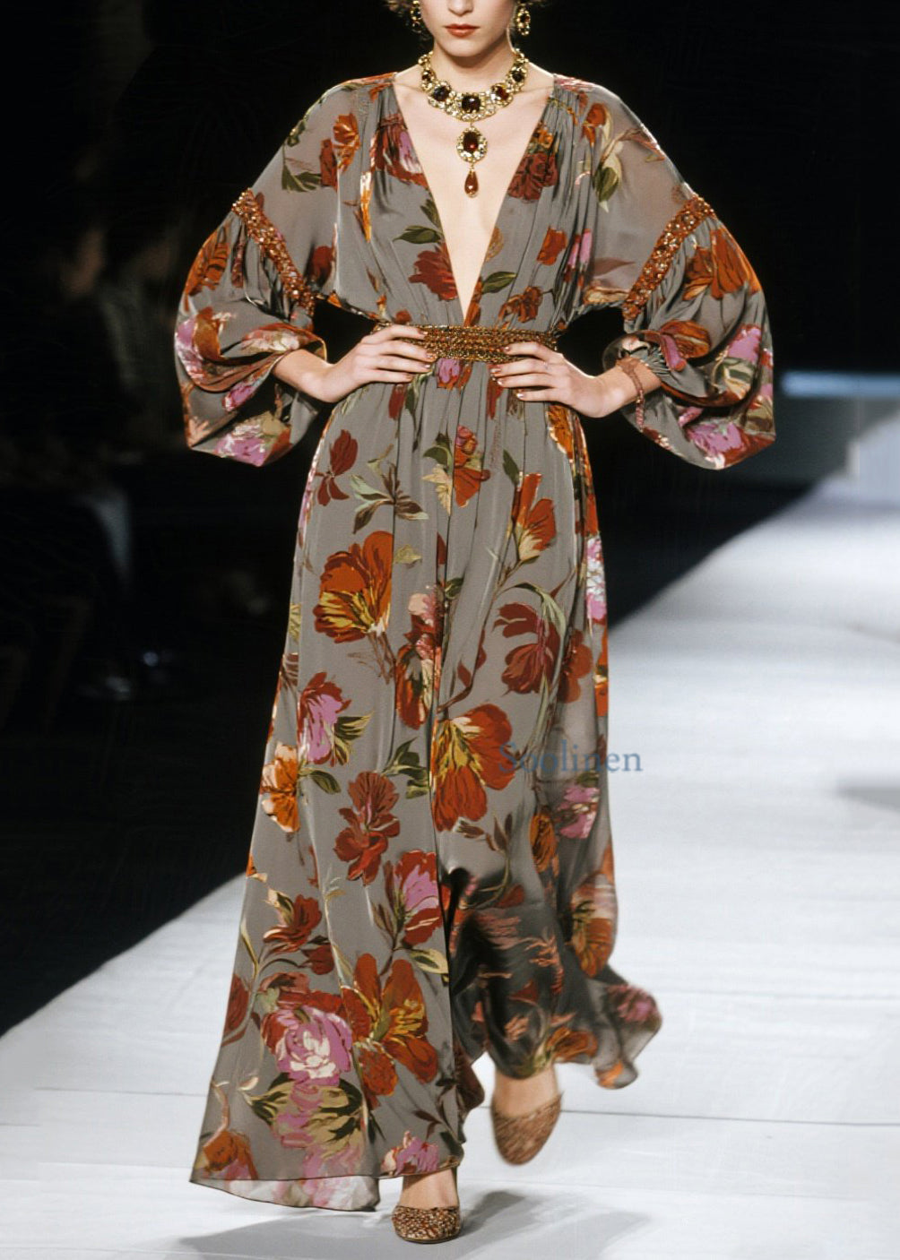 New V Neck Print Cotton Long Dress Spring