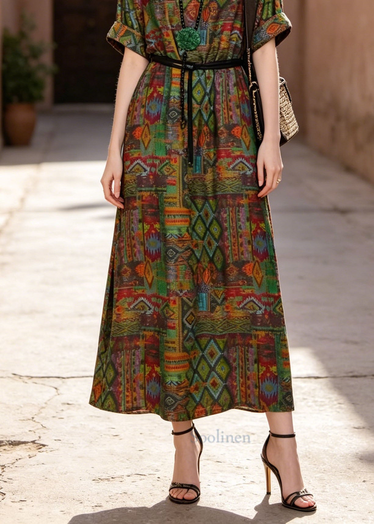 New V Neck Print Pockets Loose Cotton Maxi Dress Summer