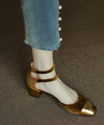 New Velour Splicing Chunky Sandals Champagne Cowhide Leather