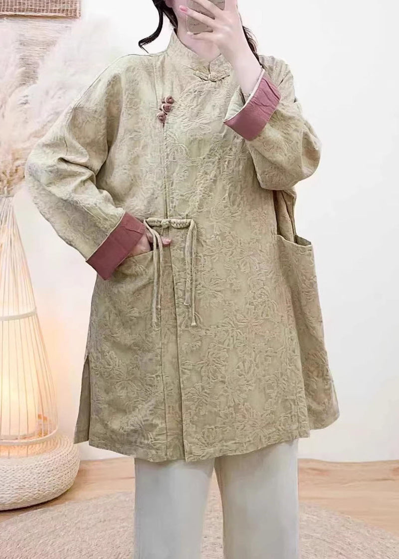 New Yellow Jacquard Pockets Chinese Button Coat Spring