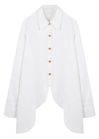 New White Asymmetrical Button Patchwork Cotton Shirt Tops Fall