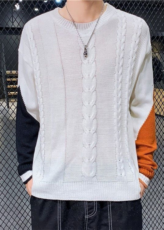 New White Asymmetrical Patchwork Cable Knit Sweaters Spring