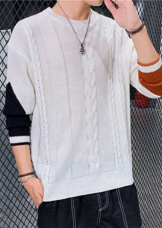 New White Asymmetrical Patchwork Cable Knit Sweaters Spring