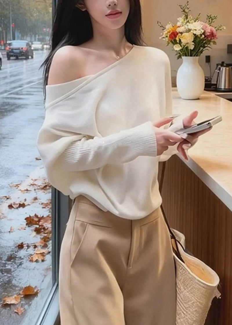 New White Asymmetrical Shoulder Knit Sweaters Batwing Sleeve