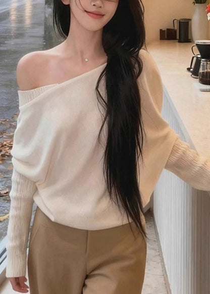 New White Asymmetrical Shoulder Knit Sweaters Batwing Sleeve