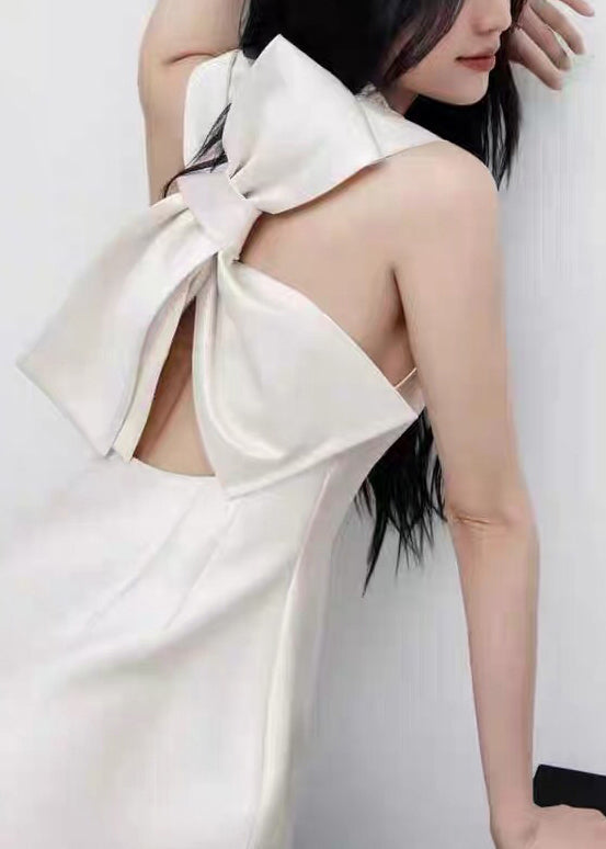 New White Bow High Waist Cotton Party Dress Sleeveless