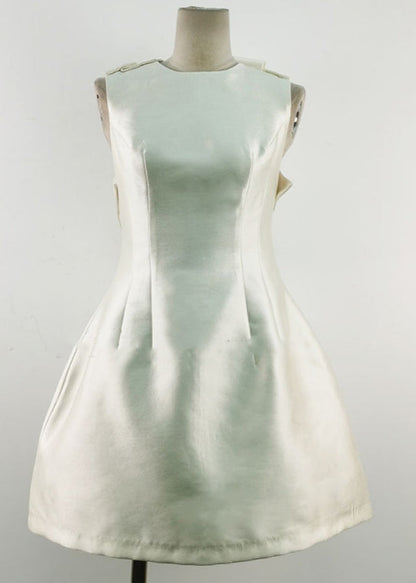 New White Bow High Waist Cotton Party Dress Sleeveless