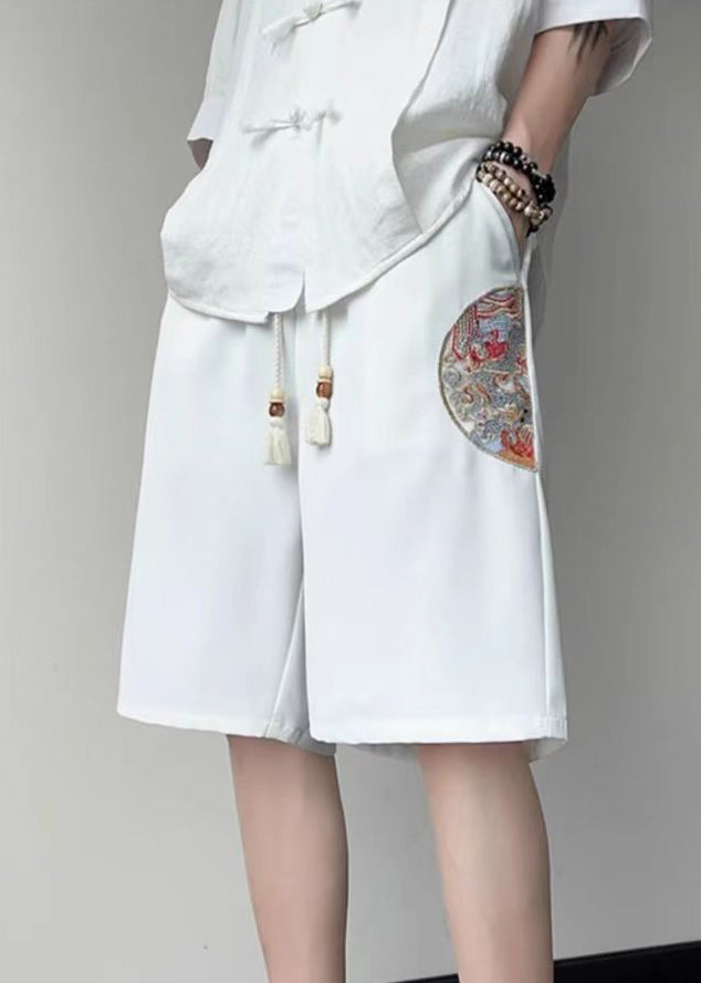 New White Embroideried Pockets Ice Silk Summer Shorts