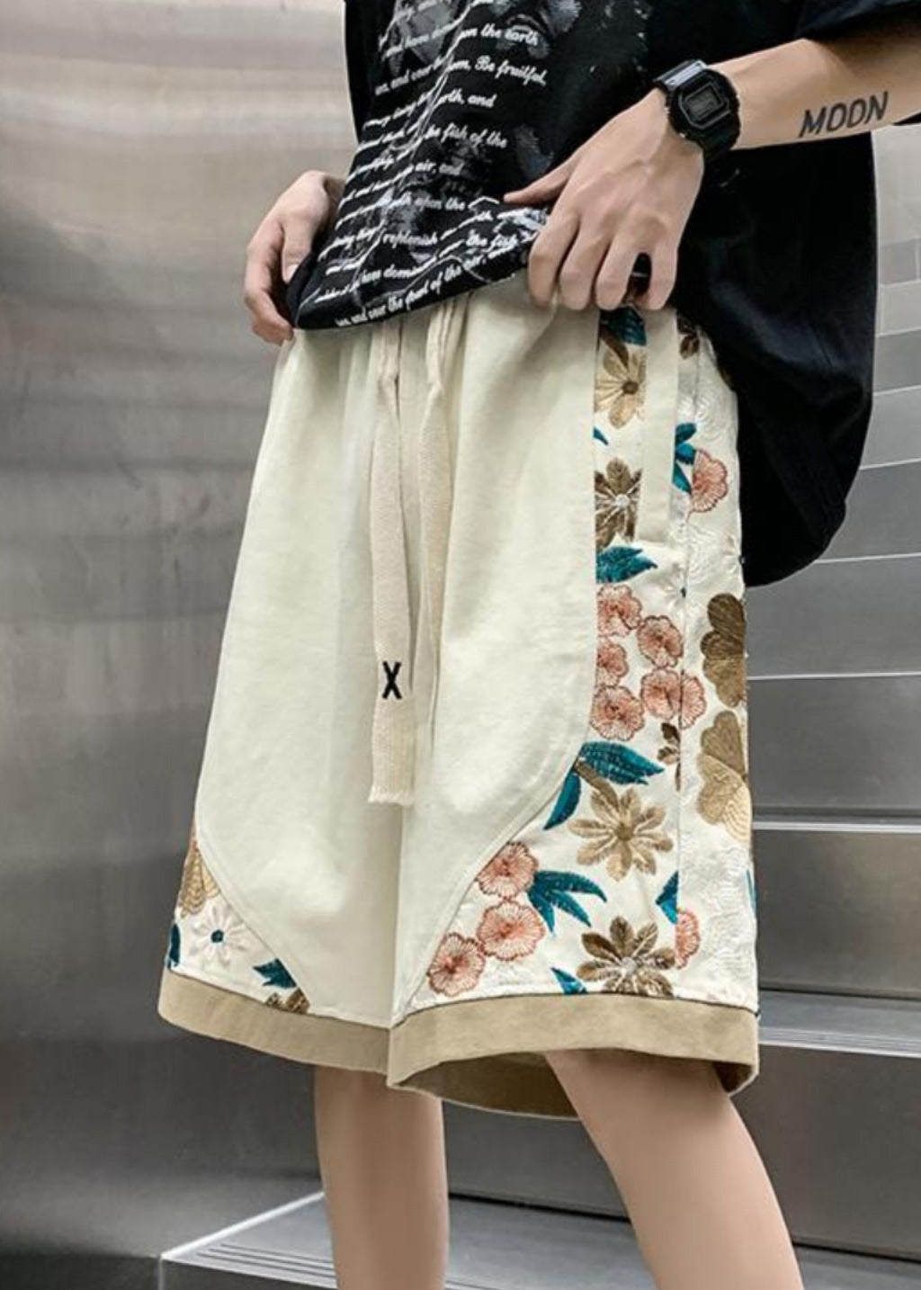 New White Embroideried Pockets Patchwork Cotton Shorts Summer