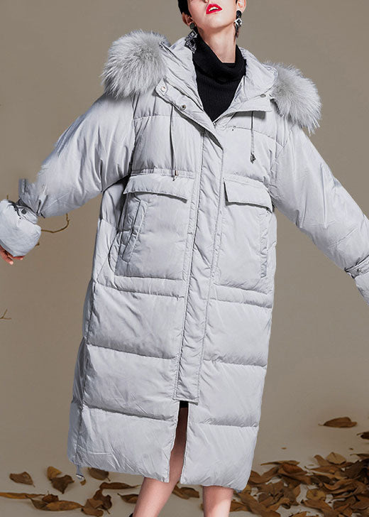 New White Grey Pockets Zippered Rabbit Hair Collar Loose Winter Duck Down Coats