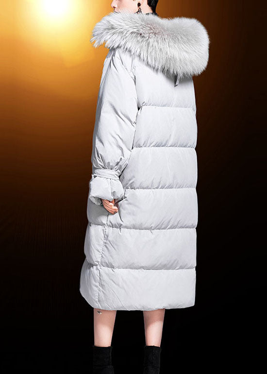 New White Grey Pockets Zippered Rabbit Hair Collar Loose Winter Duck Down Coats