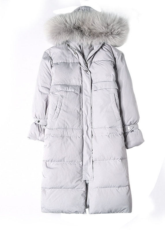 New White Grey Pockets Zippered Rabbit Hair Collar Loose Winter Duck Down Coats