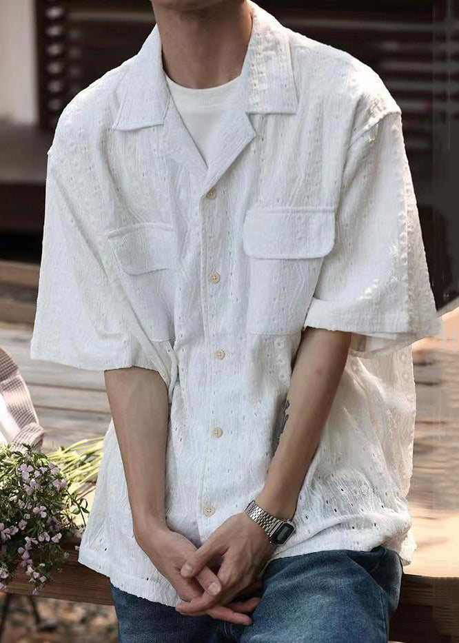 New White Hollow Out Button Cotton Shirt Summer