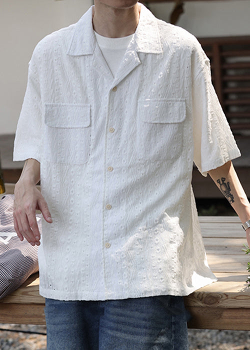 New White Hollow Out Button Cotton Shirt Summer