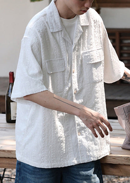 New White Hollow Out Button Cotton Shirt Summer
