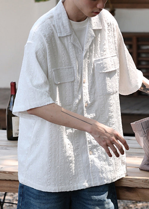 New White Hollow Out Button Cotton Shirt Summer