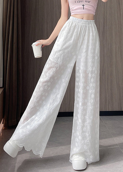 New White Hollow Out Elastic Waist Thin Cotton Wide Leg Pants Fall