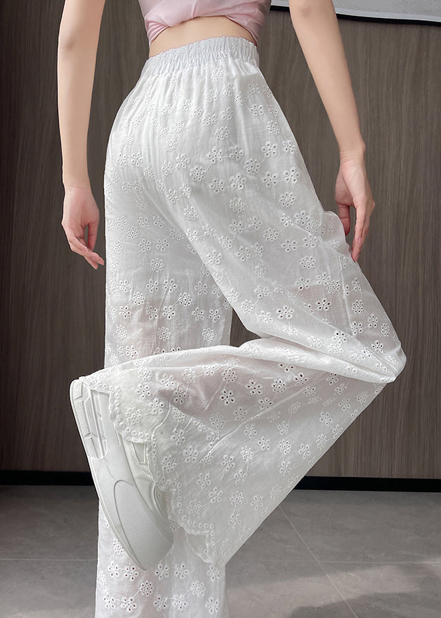 New White Hollow Out Elastic Waist Thin Cotton Wide Leg Pants Fall