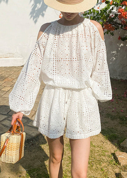 New White Hollow Out Tops and Shorts Cotton Two Pieces Set Summer