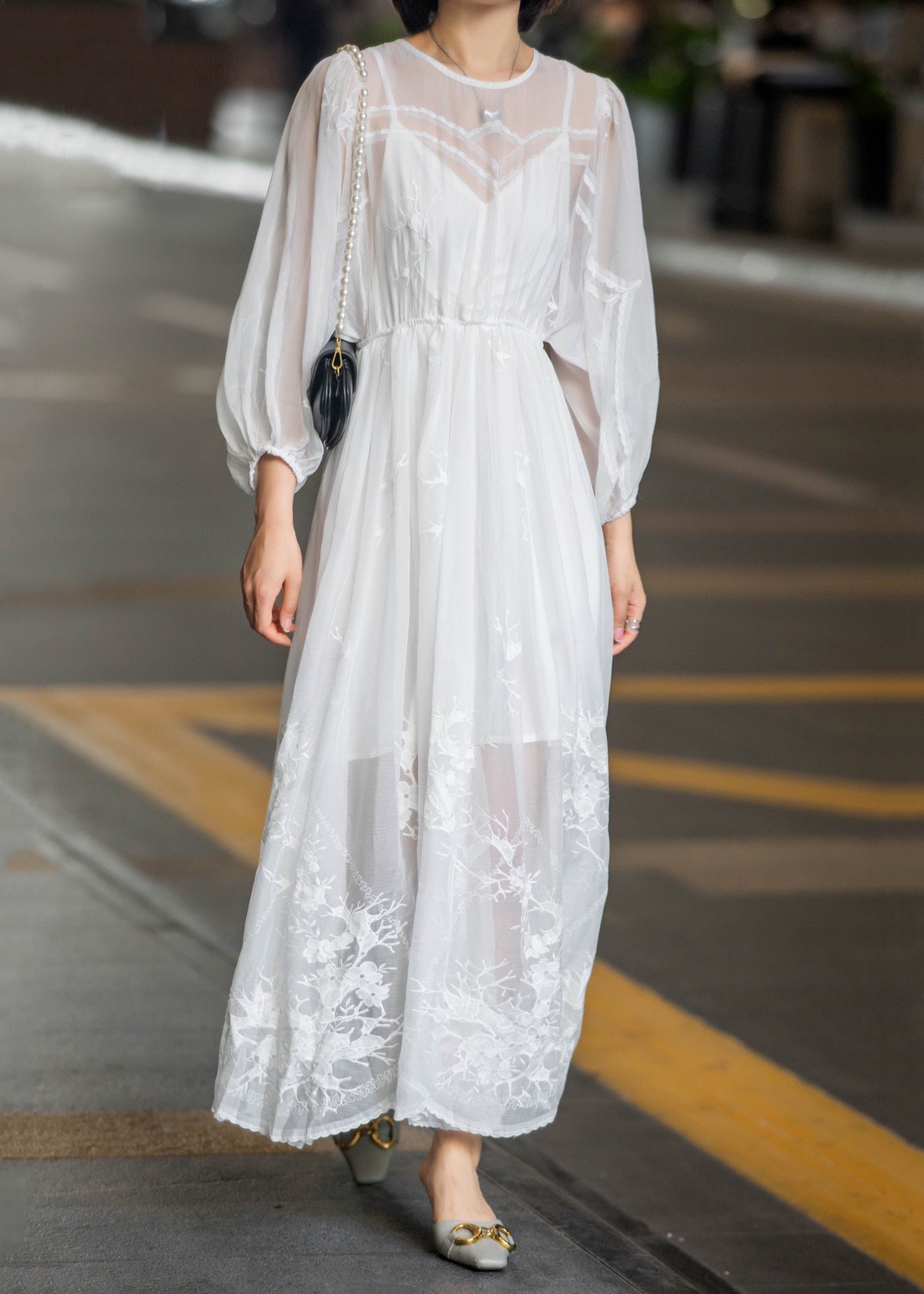 New White Lace Embroidered Lace Up Chiffon Long Dress Fall