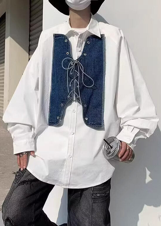 New White Lace Up Denim Patchwork Shirt Spring