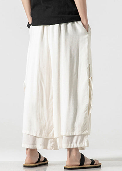 New White Lace Up Elastic Waist Cotton Crop Pants Summer