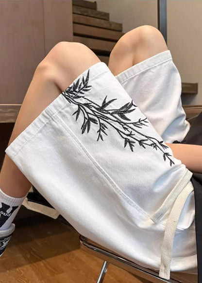 New White Lace Up Pockets Elastic Waist Denim Shorts