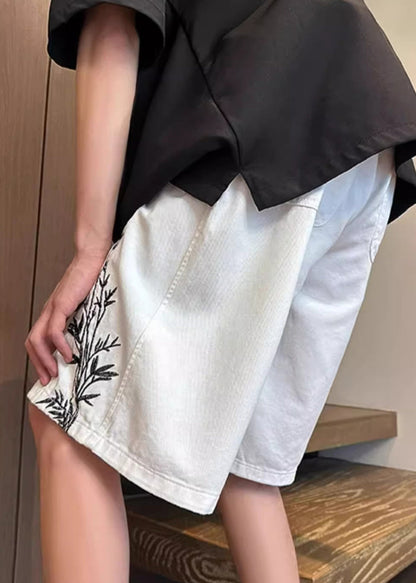 New White Lace Up Pockets Elastic Waist Denim Shorts