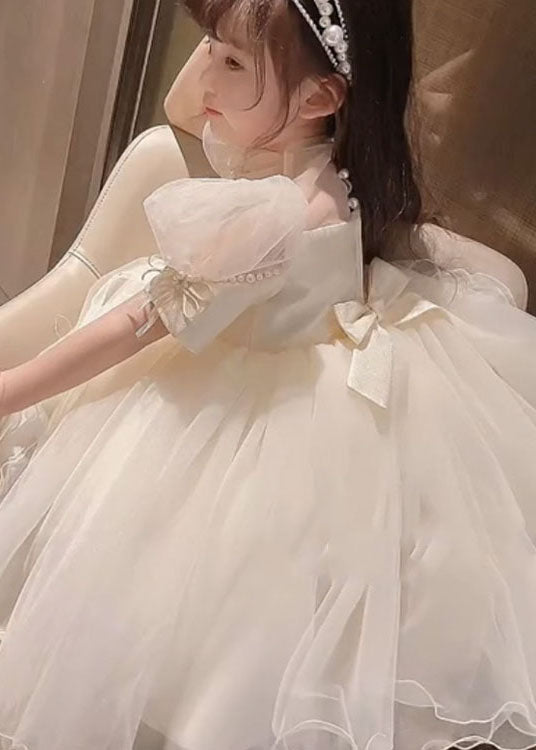 New White Nail Bead Bow Patchwork Tulle Baby Princess Dresses Summer