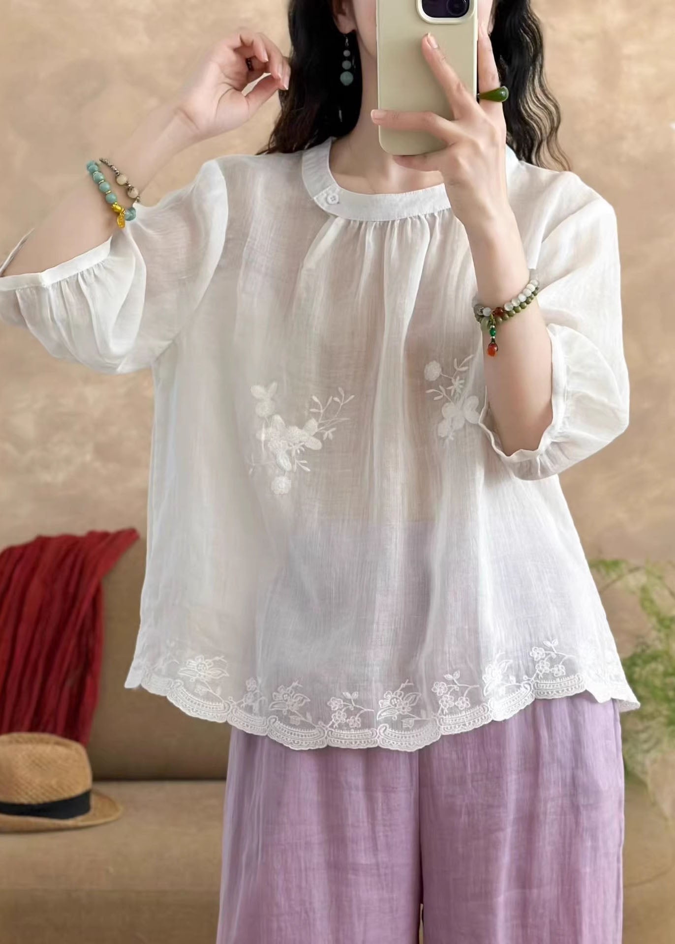 New White O-neck Embroidered Linen T Shirt Tops Summer