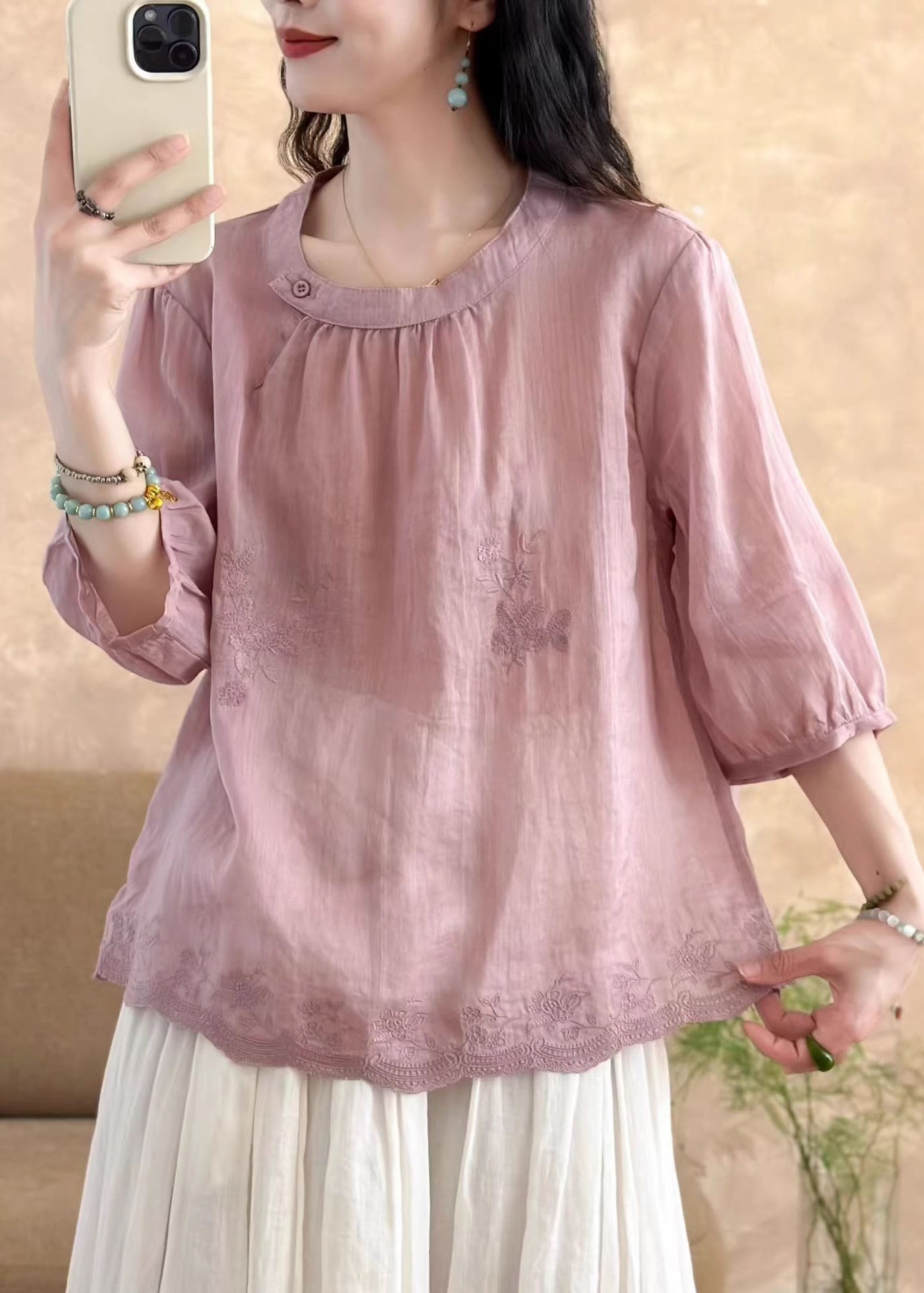 New White O-neck Embroidered Linen T Shirt Tops Summer
