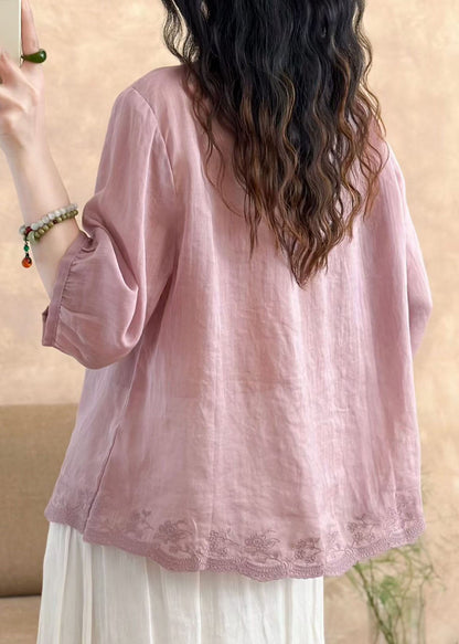 New White O-neck Embroidered Linen T Shirt Tops Summer