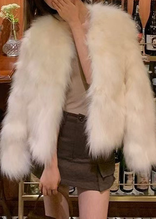 New White O Neck Leather and Fur Coats Spring