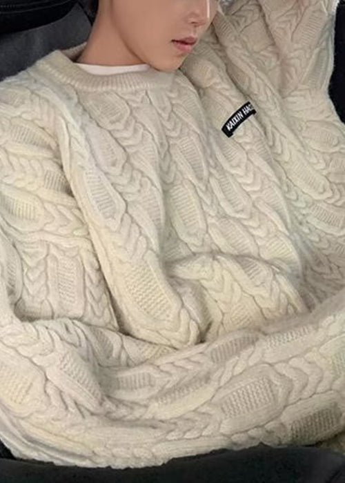 New White O-neck Thick Cable Knit Sweater Tops Winter