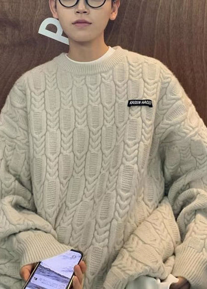 New White O-neck Thick Cable Knit Sweater Tops Winter