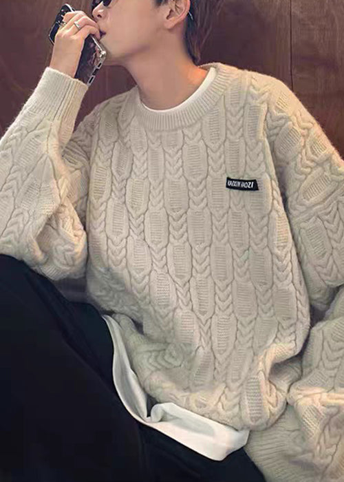 New White O-neck Thick Cable Knit Sweater Tops Winter