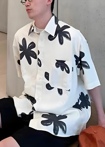 New White Peter Pan Collar Print Cotton Shirts Summer