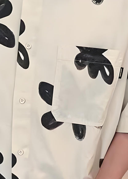 New White Peter Pan Collar Print Cotton Shirts Summer