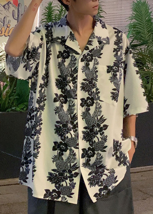New White Peter Pan Collar Print Pockets Ice Silk Shirts Half Sleeve