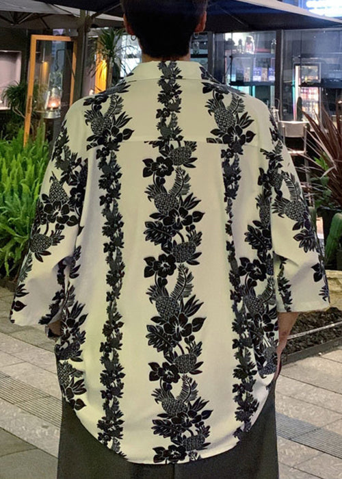 New White Peter Pan Collar Print Pockets Ice Silk Shirts Half Sleeve