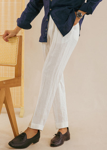 New White Pockets Elastic Waist Linen Straight Pants Summer