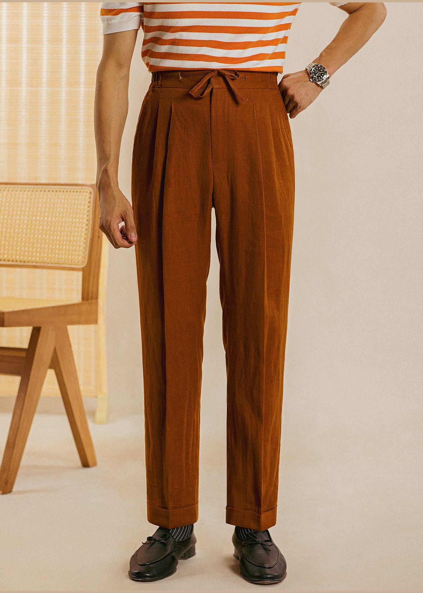 New White Pockets Elastic Waist Linen Straight Pants Summer