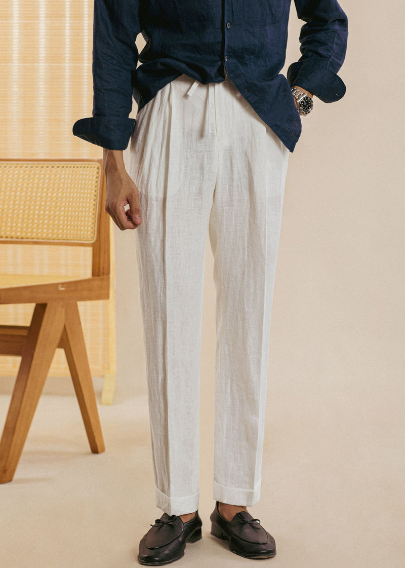 New White Pockets Elastic Waist Linen Straight Pants Summer
