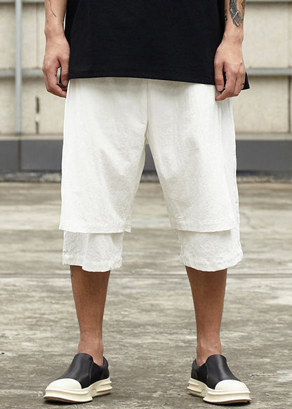 New White Pockets False Two Pieces Cotton Shorts Summer