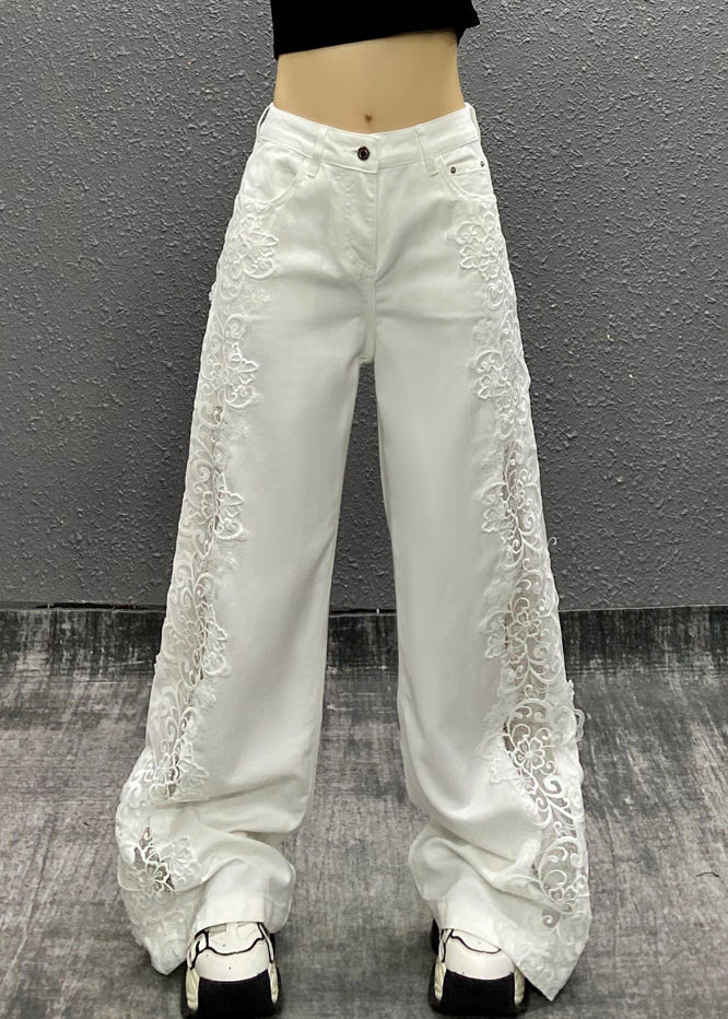 New White Pockets Hollow Out Patchwork Denim Straight Pants Fall